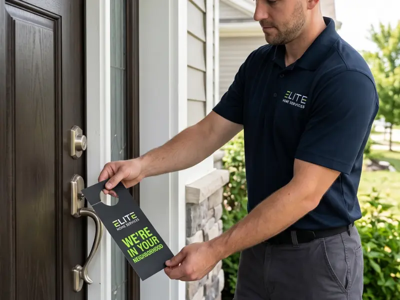 Contractor dropping a matching custom door hanger on a residential porch front door