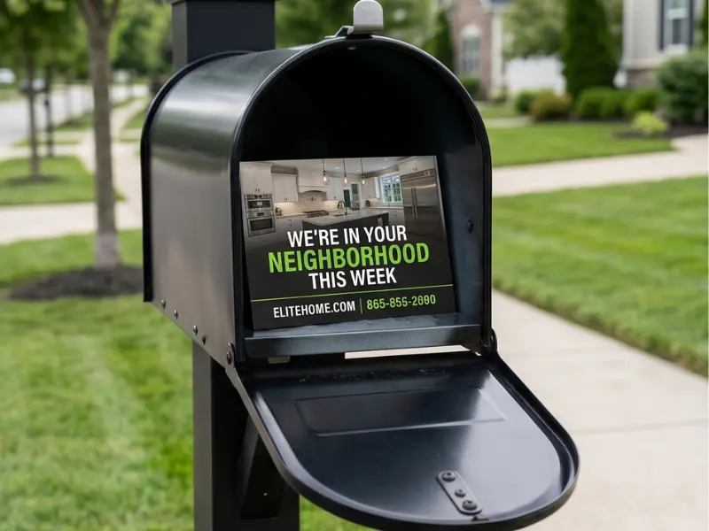 Oversized custom postcard arriving in a neighborhood mailbox